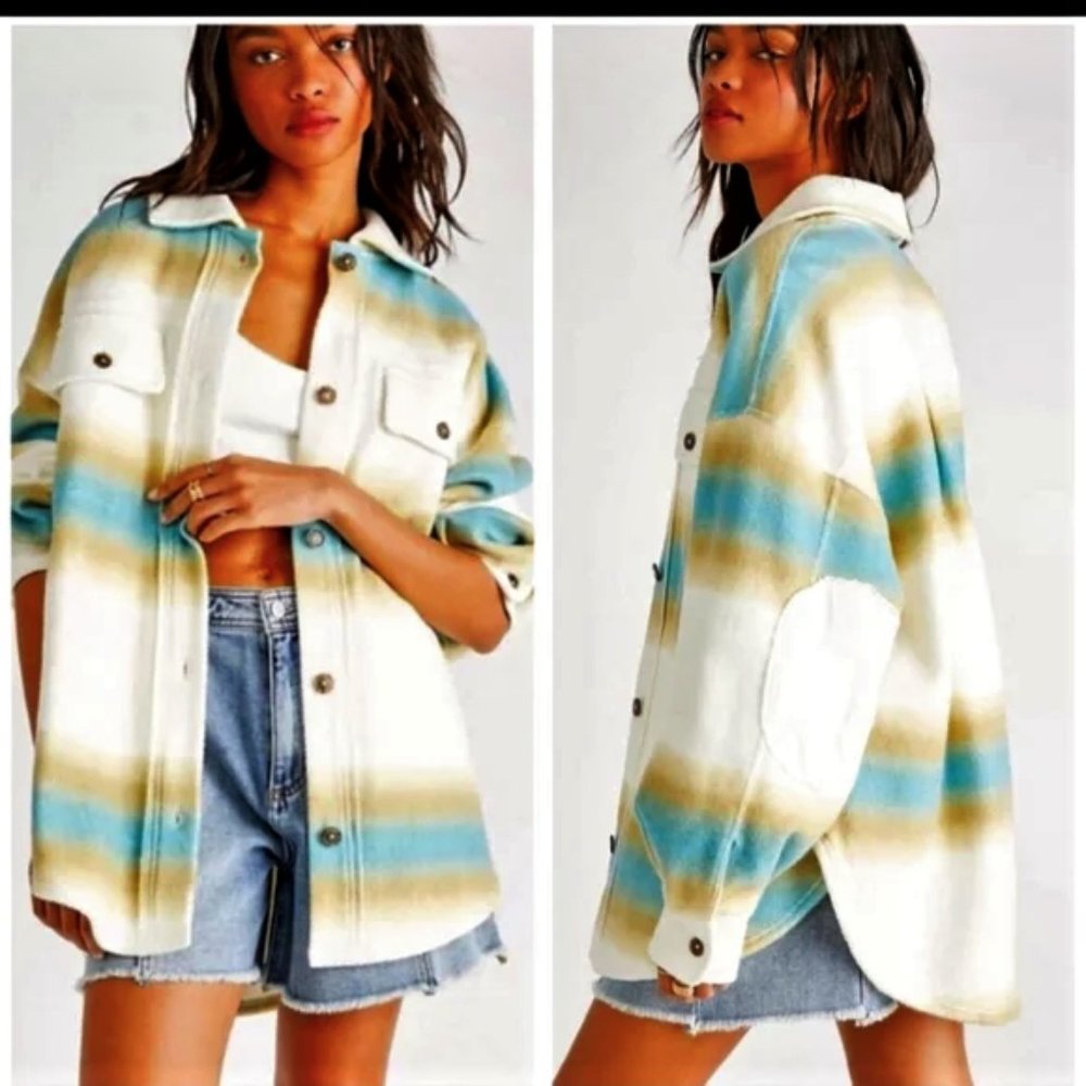 NEW FREE PEOPLE RUBY SUPER COZY SHIRT JACKET OMBRE SHACKET WAFFLE LINING M L 🦄
